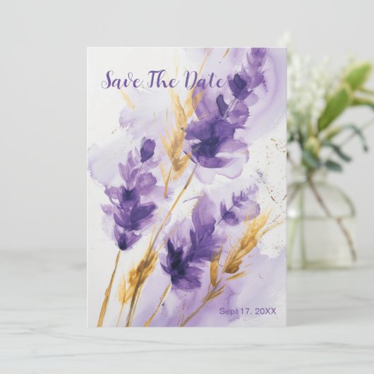 Lavendel Golden Waterverf Floral Save The Date Kaart (Staand voorkant)