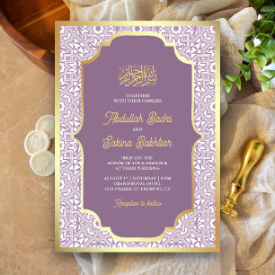 Lavendel Gouden Arabesk Patroon Moslim Bruiloft Kaart