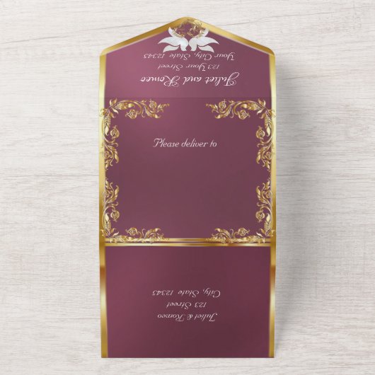 Lavendel, gouden bladeren, duiven en hart all in one uitnodiging (Buitenkant)