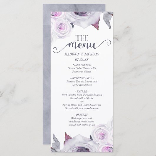 Lavendel & Grijs Roos Bloemenkrans Trouwmenu Menu (Voorkant / Achterkant)