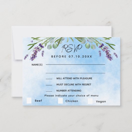 Lavendel groen blauw menu bruiloft RSVP reactie (Voorkant)