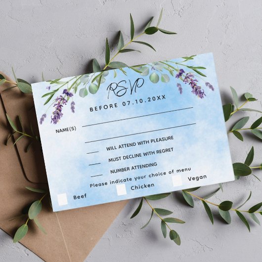 Lavendel groen blauw menu bruiloft RSVP reactie