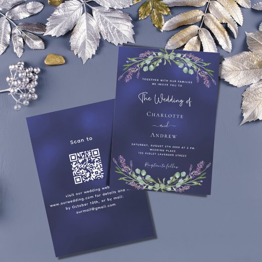 Lavendel groen marineblauw QR code RSVP bruiloft Kaart