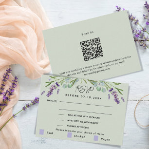 Lavendel groene bruiloft menu QR reactie RSVP kaar
