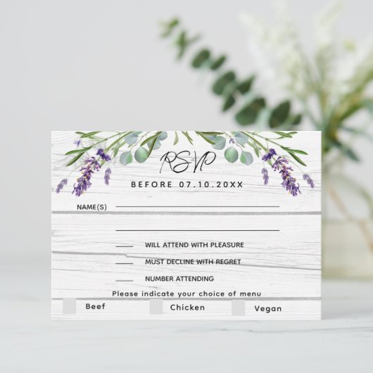 Lavendel hout bruiloft menu QR code RSVP reactie (Staand voorkant)
