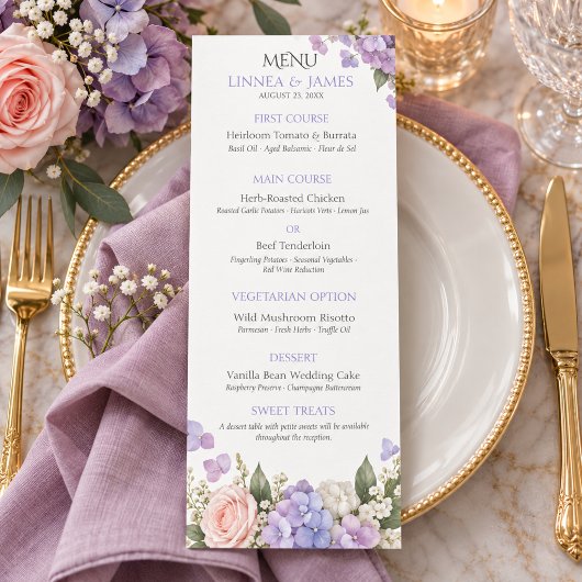 Lavendel Hydrangea Blush Roos Bruiloft Menu