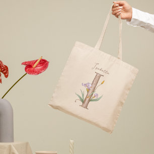 Lavendel Iris 'I' Botanisch Monogram Aangepaste Na Tote Bag