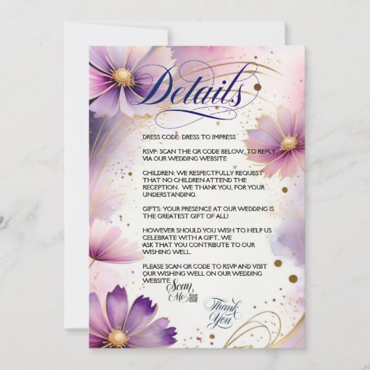 Lavendel Kosmos Bloemen QR Code Detail Kaart (Voorkant)