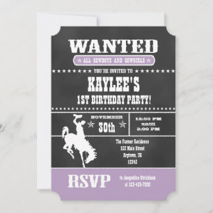 Lavendel krijtbord Cowboy Verjaardagsuitnodiging Kaart
