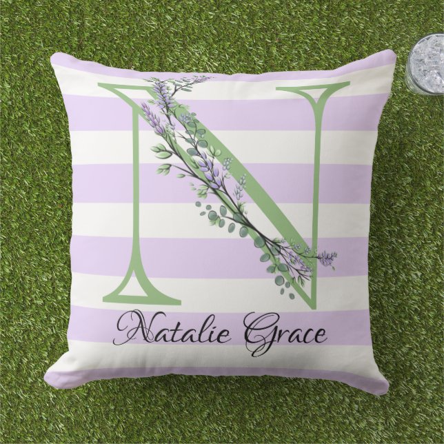 Lavendel licht paarse witte strips monogram buitenkussen (Gras)