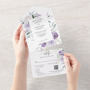 Lavendel Lila Paarse pioenen groen bruiloft All In One Uitnodiging