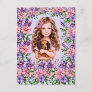 Lavendel Meisje met Dachshund Puppy Briefkaart