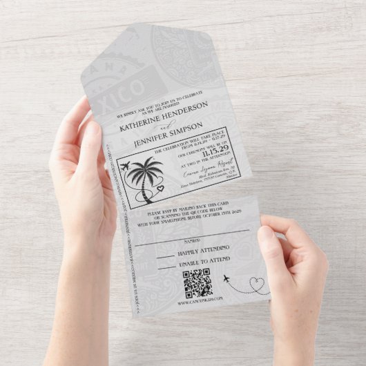 Lavendel Mexico Passport Wedding All In One Uitnodiging (Afscheurbaar)