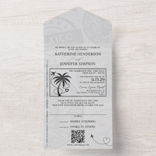 Lavendel Mexico Passport Wedding All In One Uitnodiging (Binnen)