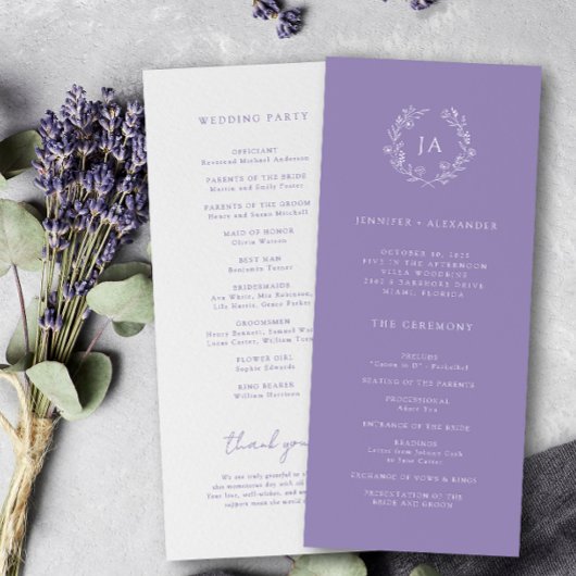 Lavendel Monogram Bruiloft Programma