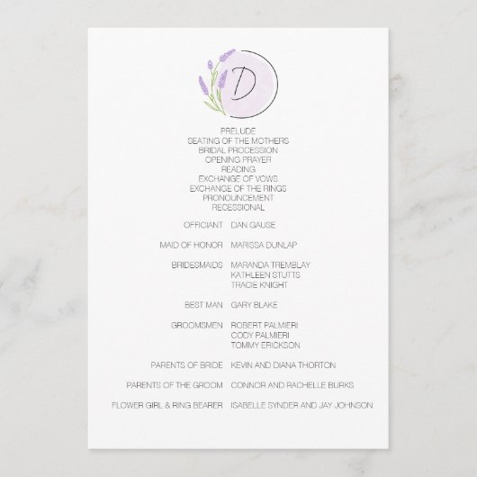 Lavendel Monogram Bruiloft Programma (Voorkant)