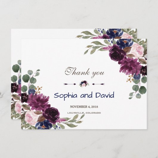 Lavendel Navyblauw Bloemige Bruiloft Bedankt (Voorkant / Achterkant)