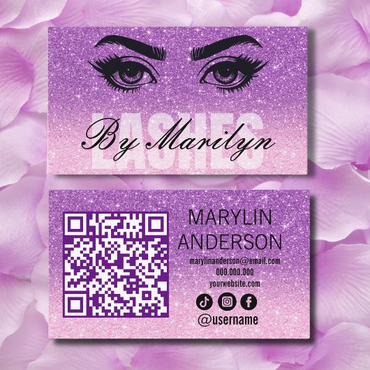 Lavendel Ombre Glitter Lash Technician QR-code Visitekaartje
