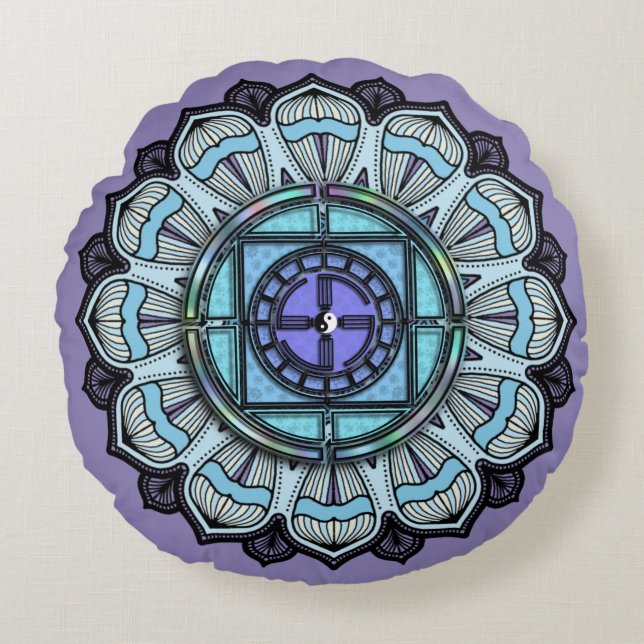 Lavendel Paarse Aqua Blue Mandala  Boho Rond Kussen (Voorkant)