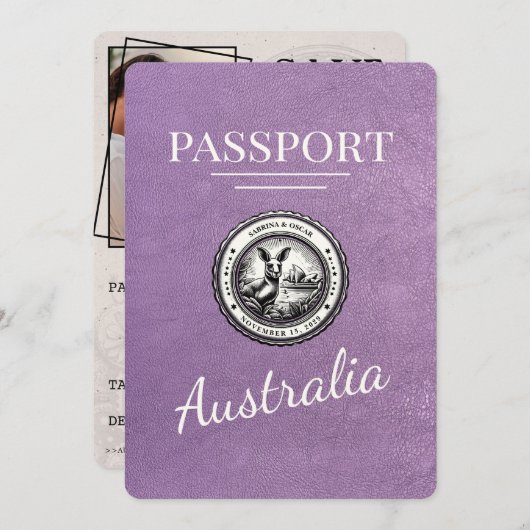Lavendel Paarse Australië Paspoort Bewaar de datum Save The Date (Voorkant / Achterkant)