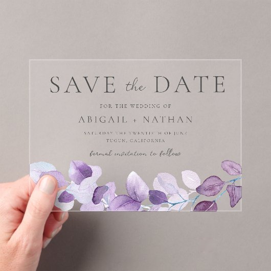 Lavendel Paarse bladeren bruiloft save the date Acryl Uitnodigingen (Insitu (Draagbaar))