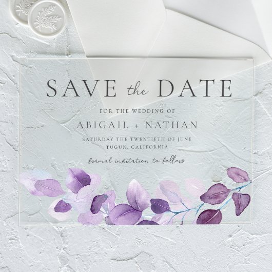Lavendel Paarse bladeren bruiloft save the date Acryl Uitnodigingen