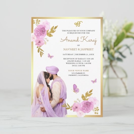 Lavendel Paarse Bloemen Anand Karaj Sikh Bruiloft Kaart (Staand voorkant)