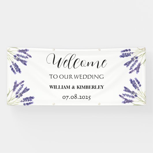 Lavendel Paarse Bloemen Rustieke Elegante Bruiloft Spandoek (Horizontaal)