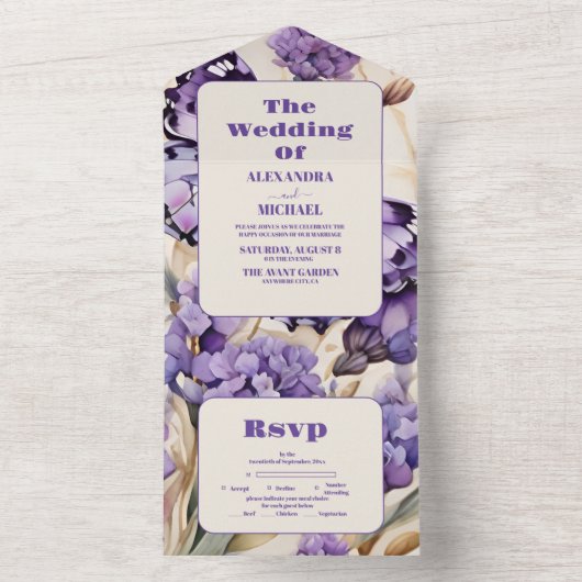 Lavendel Paarse bloemenelegante bruiloft All In One Uitnodiging (Binnen)