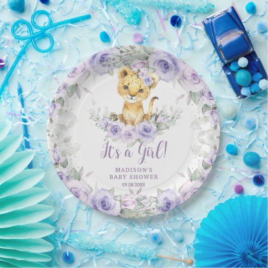 Lavendel Paarse bloemenleeuwenwelp Baby shower Papieren Bordje (Feest)
