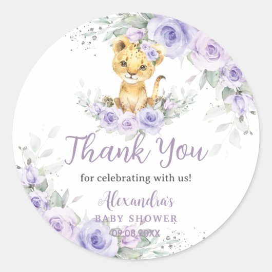 Lavendel Paarse bloemenleeuwenwelp Baby shower Ronde Sticker (Voorkant)