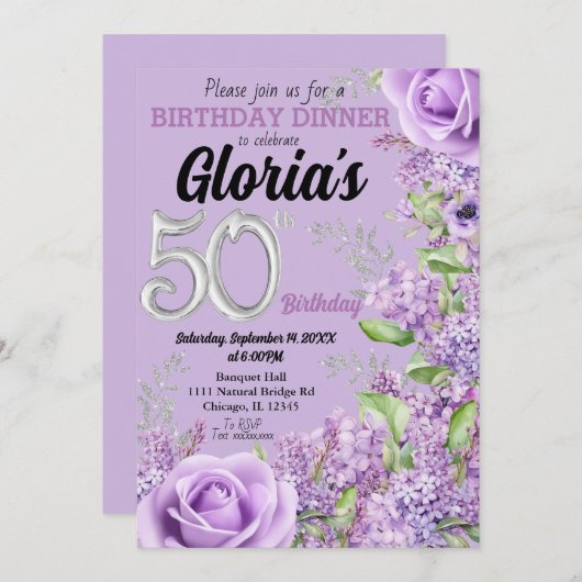 Lavendel paarse bloemenuitnodiging 50e verjaardag kaart (Voorkant / Achterkant)
