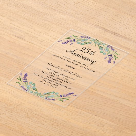 Lavendel paarse bloemetjes 25e trouwdag acryl uitnodigingen (Laagn)