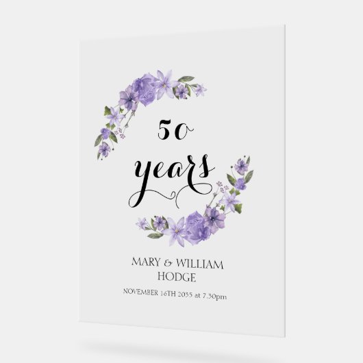 Lavendel paarse bloemetjes 50e trouwdag acryl bord (Hoek)