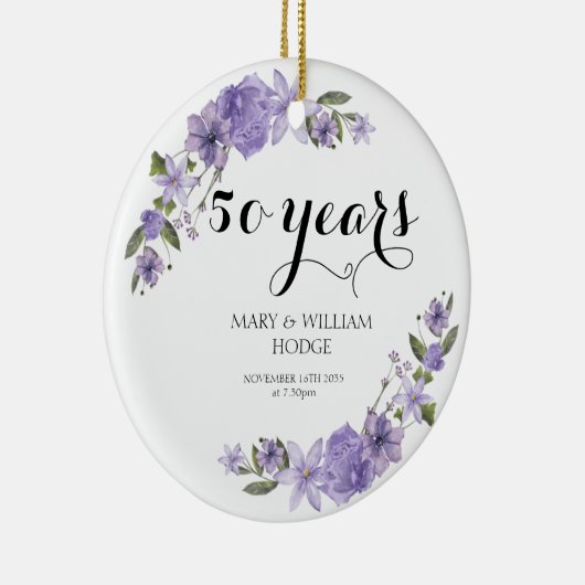 Lavendel paarse bloemetjes 50e trouwdag keramisch ornament (Rechts)