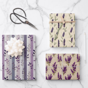 Lavendel Paarse Bloemige Botanische Strepen Verjaa Inpakpapier Vel
