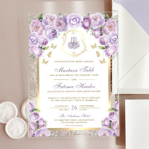 Lavendel Paarse Bloemige Gouden Boog Moslim Bruilo Acryl Uitnodigingen