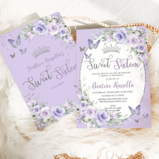 Lavendel Paarse Bloemige Vlinders Sweet Sixteen Kaart