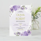 Lavendel Paarse en Gouden Lila bruiloft uitnodigin Feestdagenkaart (Staand voorkant)
