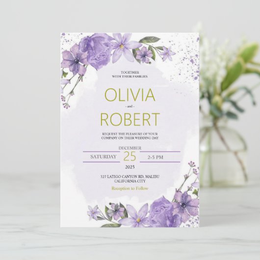 Lavendel Paarse en Gouden Lila bruiloft uitnodigin Feestdagenkaart (Staand voorkant)