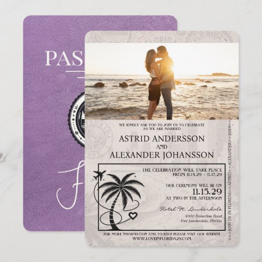 Lavendel Paarse Florida Passport Wedding Kaart (Voorkant / Achterkant)