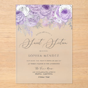 Lavendel Paarse Glitter Bloemige Sweet 16 Mat Acryl Uitnodigingen