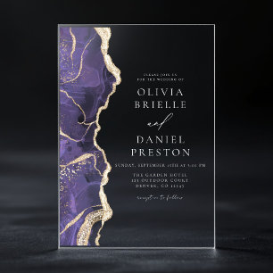 Lavendel Paarse Gouden Agaat Elegante Moderne Huwe Acryl Uitnodigingen