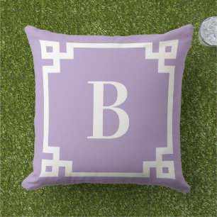 Lavendel Paarse Griekse Sleutelrand Monogram Buitenkussen