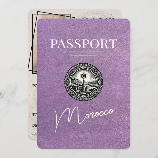 Lavendel Paarse Marokko Paspoort Bewaar de datum Save The Date (Voorkant / Achterkant)