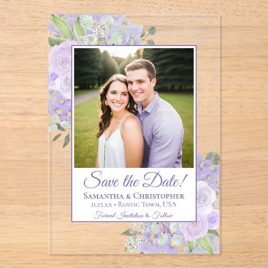 Lavendel Paarse Rozen bruiloft Save the Date Foto Acryl Uitnodigingen (Voorkant)