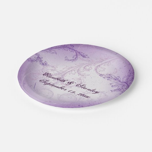 lavendel paarse scroll leaf bruiloft papieren bordje (Gekanteld)