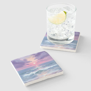 Lavendel Paarse Strand Zonsondergang Aquarel Stenen Onderzetter