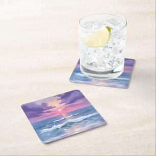 Lavendel Paarse Strand Zonsondergang Aquarel Vierkante Kartonnen Onderzetter