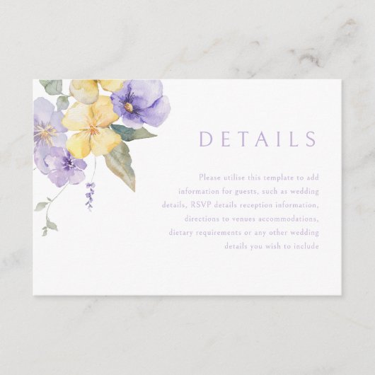 Lavendel Paarse & Sunshine bruiloft details Informatiekaartje (Voorkant)